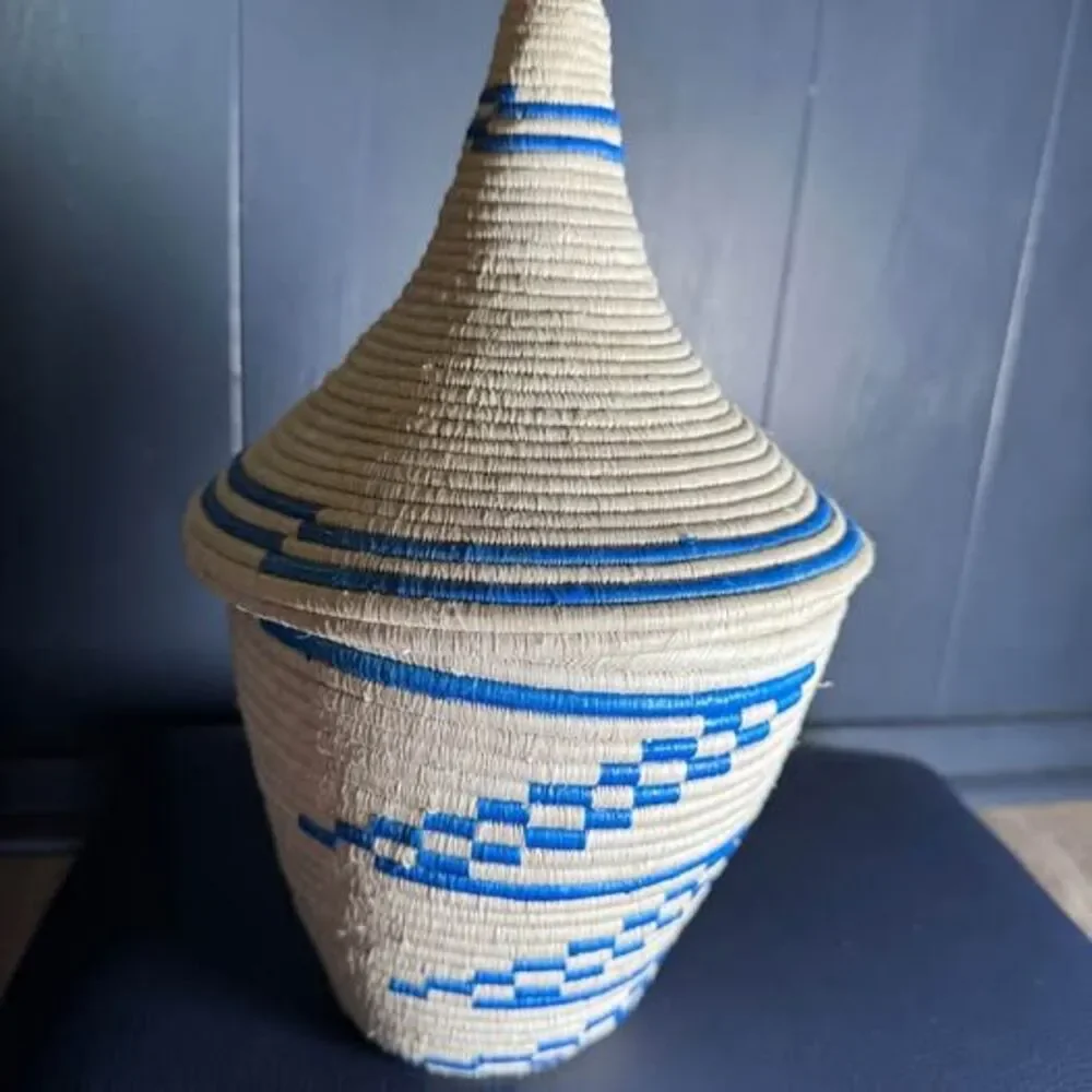 Authentic Rwandan Agaseke Peace Basket Handwoven Blue & Cream Sisal 13